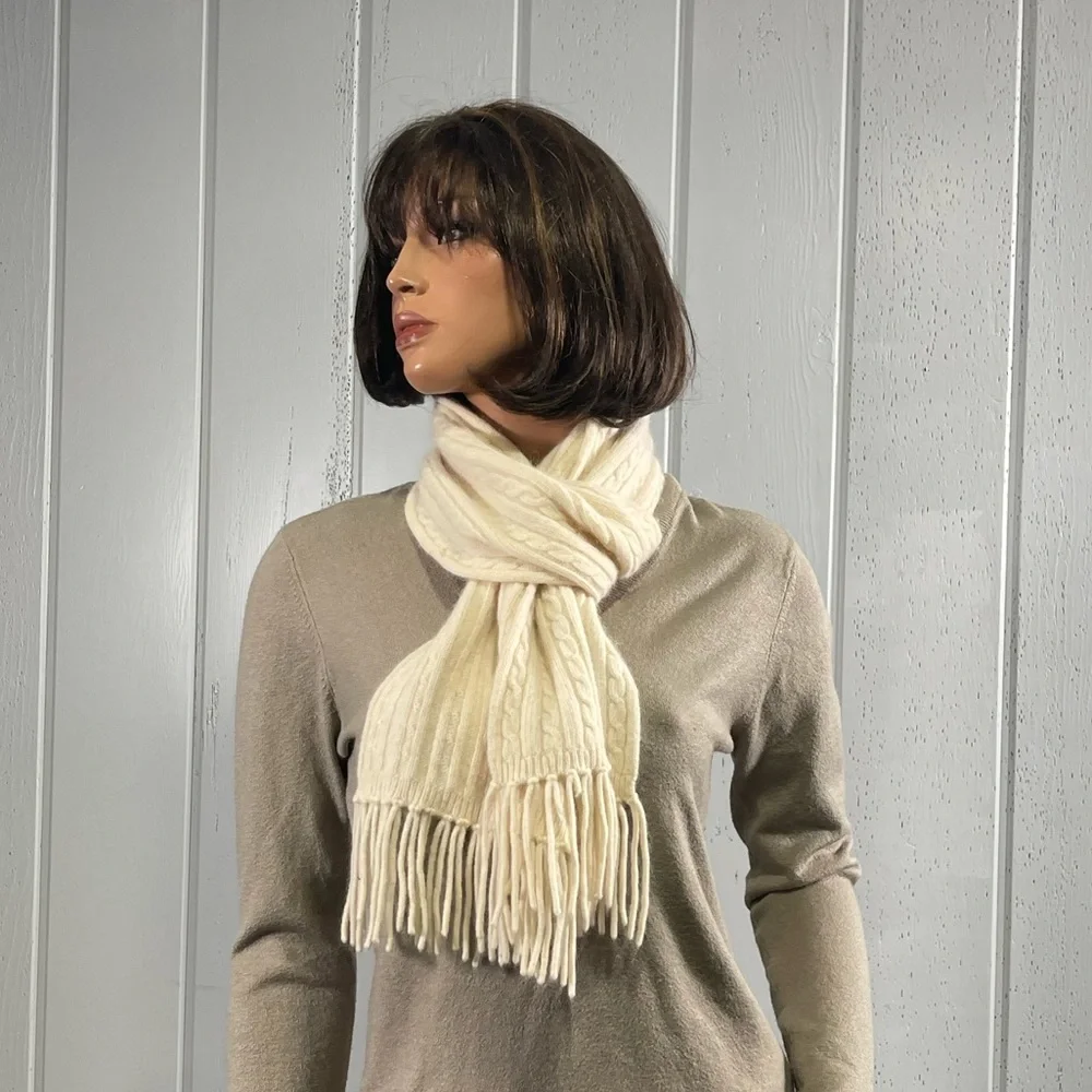 *Casual Corner Women's Cream Cable Knit Scarf with Fringes